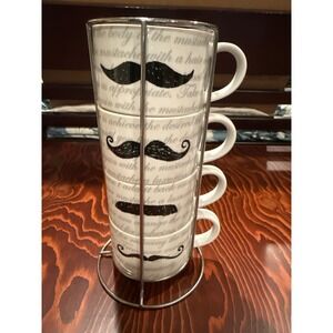 Pier 1 Imports Mustache Stacking Mugs Porcelain Set of 4 with Metal Rack‎ White